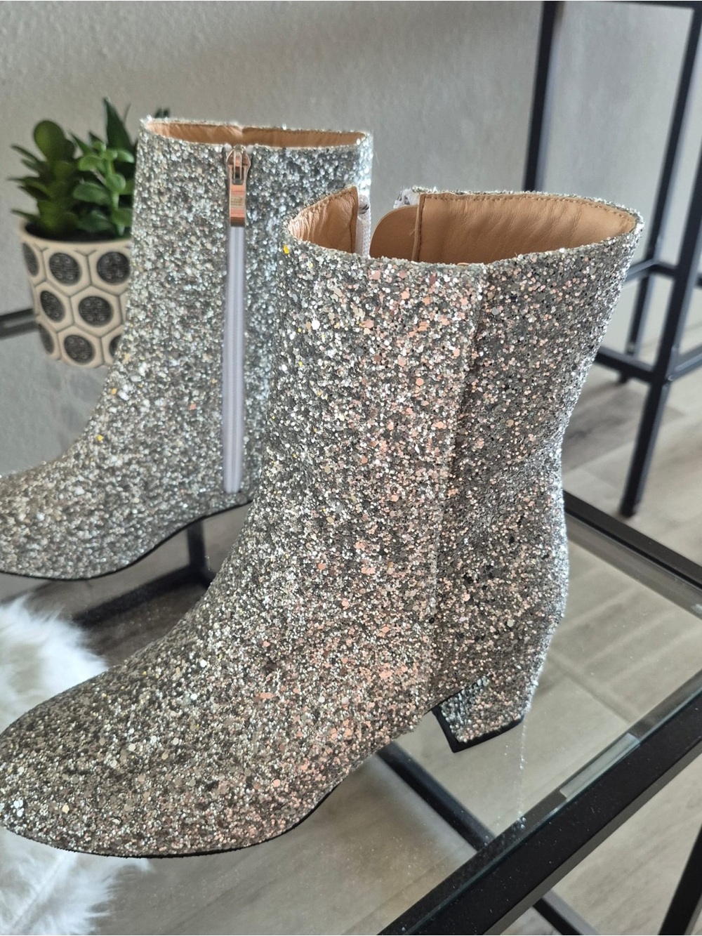 Silver Glitter Ankle Boots - Women